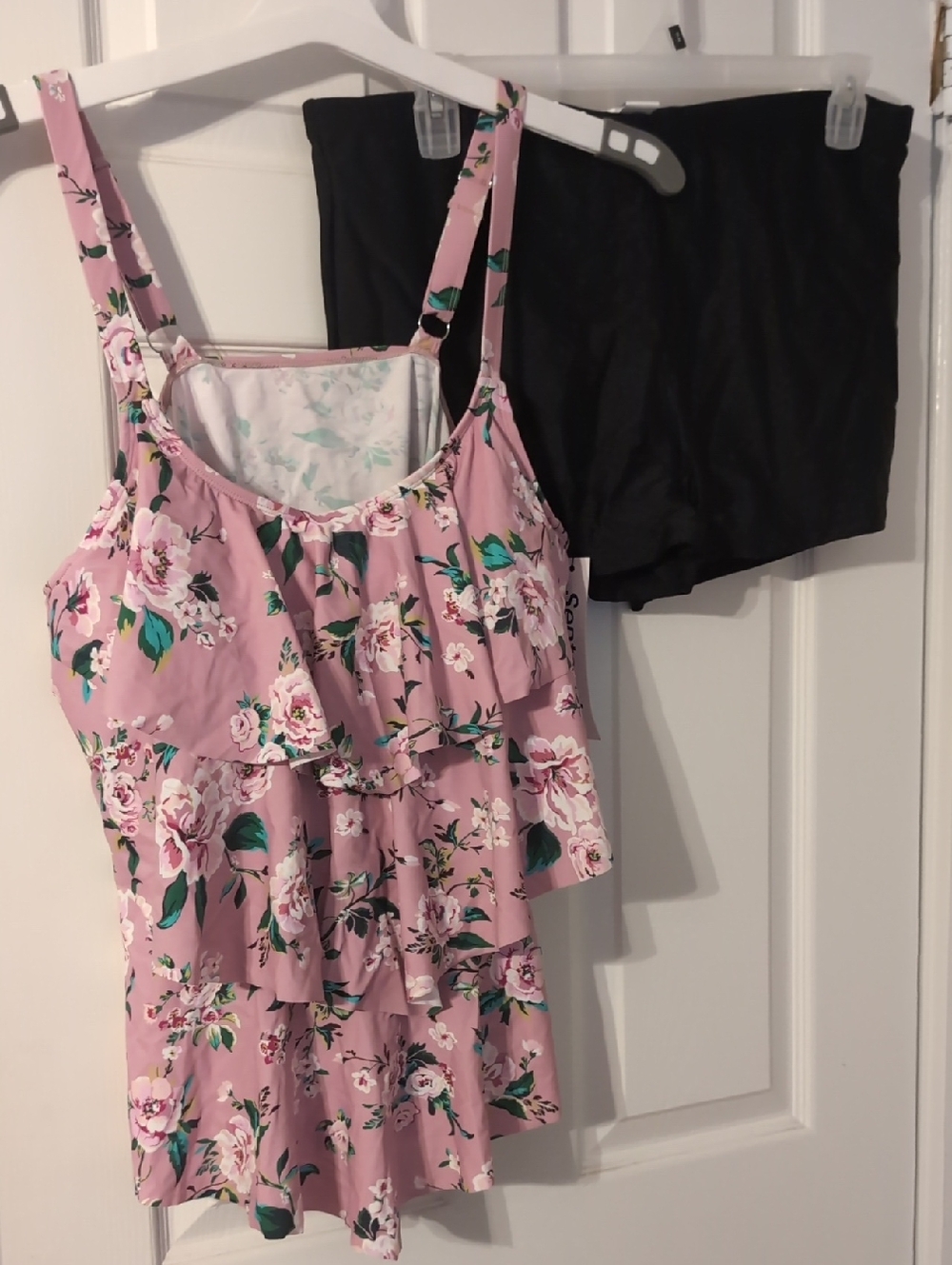Pink Floral Ruffle Swim Pajama Tankini with Black Swim Shorts